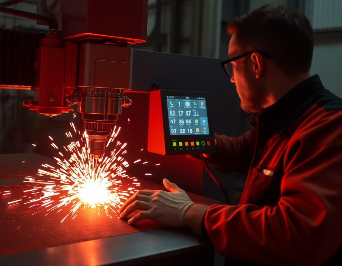 Operator monitoring CNC laser cutter during precision metal cut