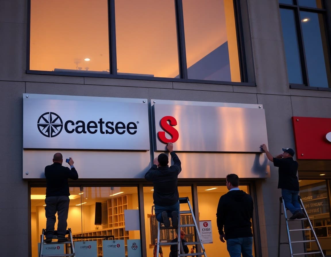 Crew installing branded metal signage on commercial building