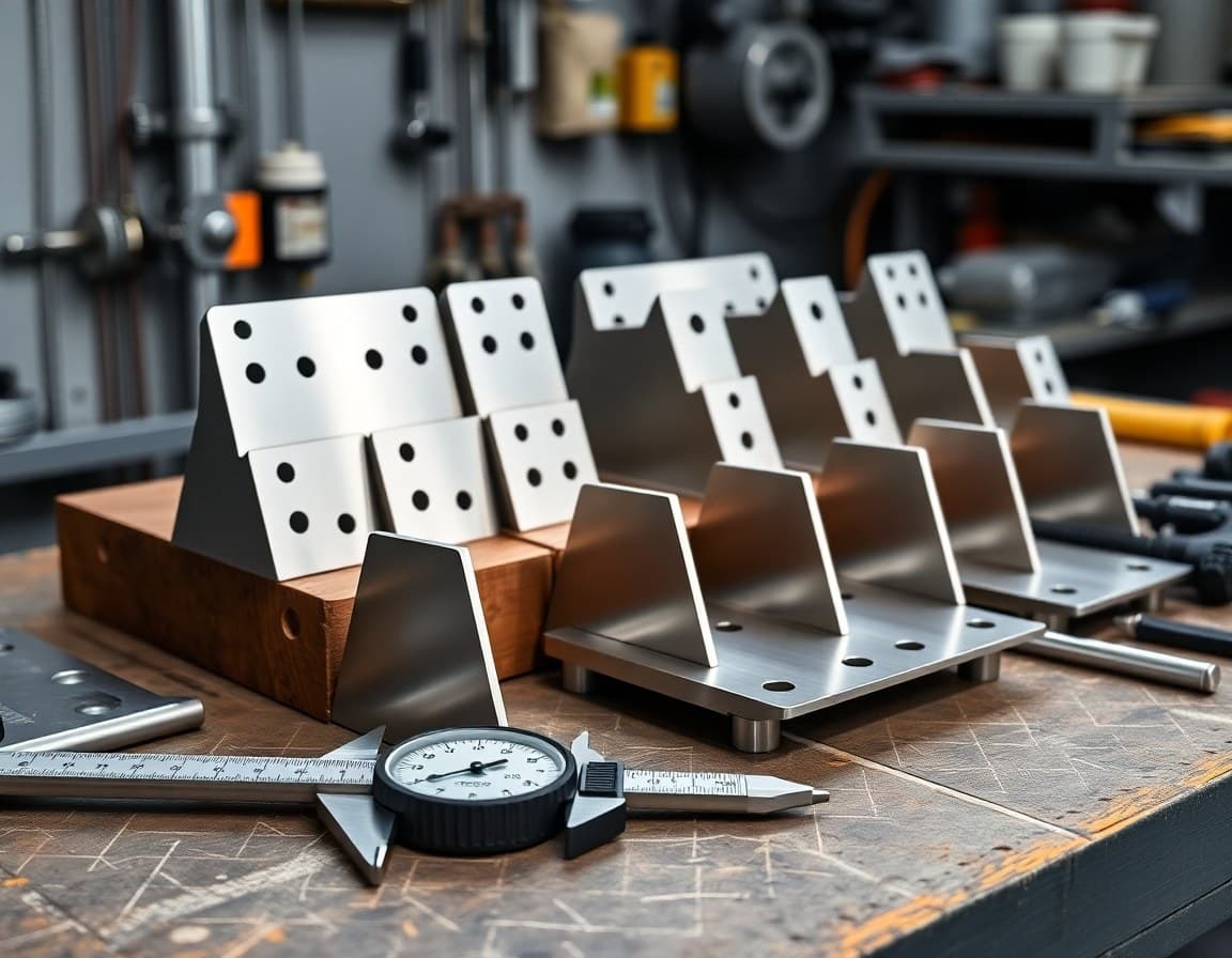 Custom machined steel brackets on workbench