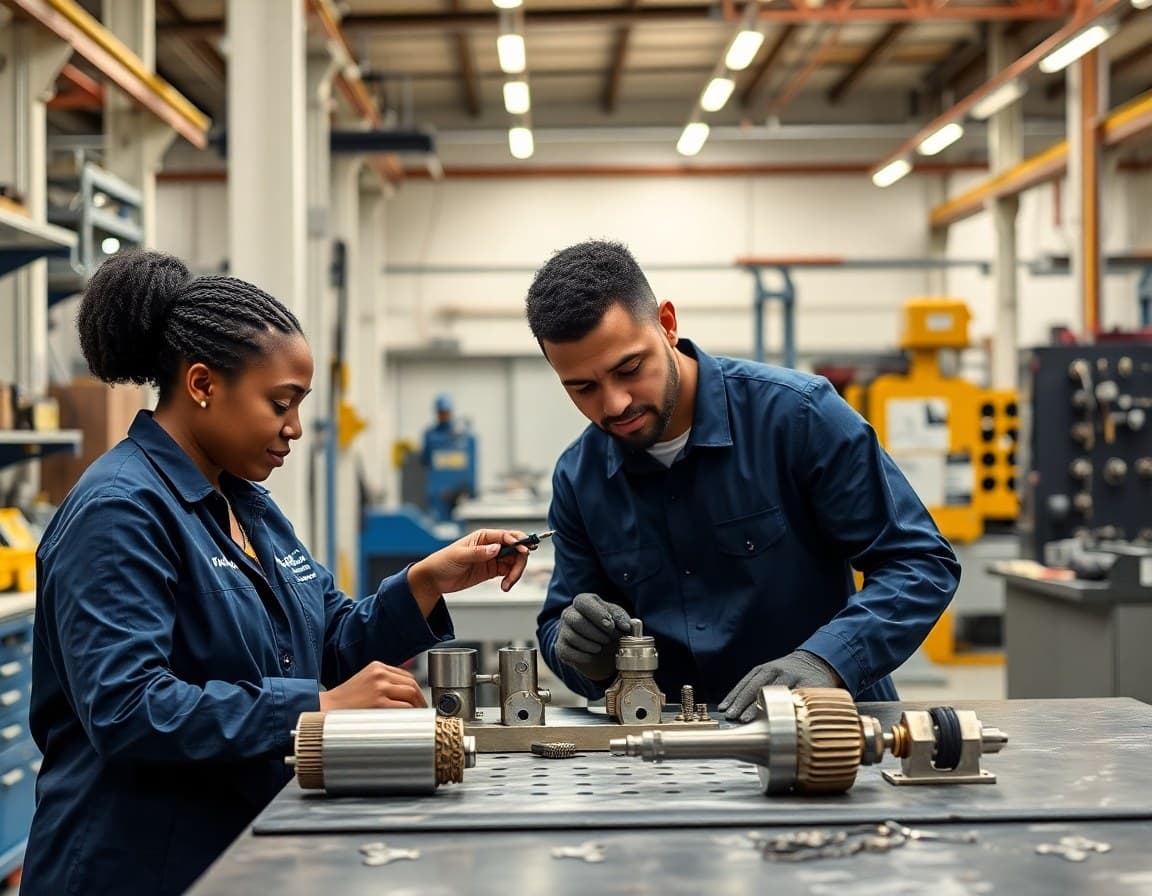 Diverse team inspecting precision components on the production floor